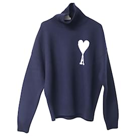 Autre Marque-Ami Paris Classic Roll Neck Sweater in Navy Blue Wool-Navy blue