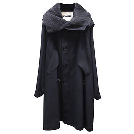 Jil Sander Long Coat with Fur Collar in Navy Blue Wool Navy blue