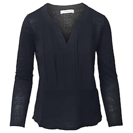 Sandro-Sandro Paris V-Neck Pleated Long Sleeve Top in Black Cotton -Black