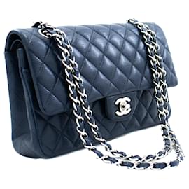 Chanel-CHANEL Navy Caviar lined Flap Chain Shoulder Bag Quilted Leather-Navy blue