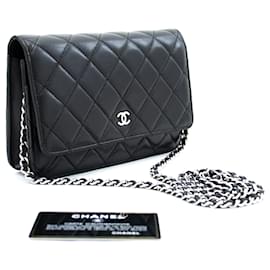 Chanel-CHANEL Black Classic Wallet On Chain WOC Umhängetasche Lammleder-Schwarz