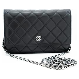 Chanel-CHANEL Cartera clásica negra con cadena Bolso de hombro WOC Piel de cordero-Negro