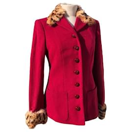 Blumarine-Blumarine Nuovo Cappotto Rosso Con Pelliccia Leopardata-Nero,Multicolore,Bordò
