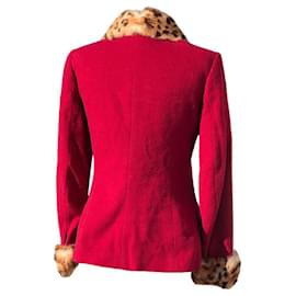 Blumarine-Blumarine Nuovo Cappotto Rosso Con Pelliccia Leopardata-Nero,Multicolore,Bordò