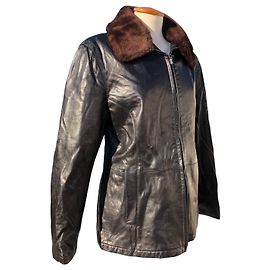 Leather jacket with detachable fur collar by Bally Brown Black
