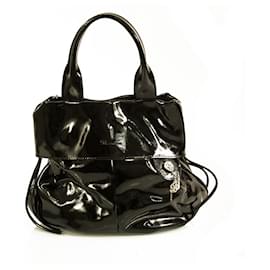 Blumarine-Blumarine Black Patent Leather lined Handles B Charm Small Handbag Pouch Bag-Black