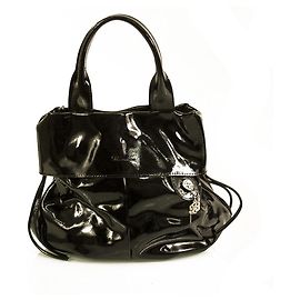 Blumarine Schwarzes Lackleder gefütterte Griffe B Charm Kleine Handtaschentasche Schwarz