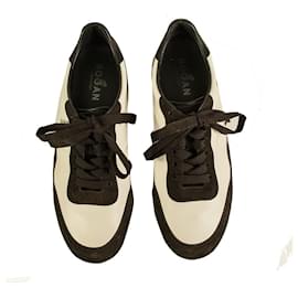 Hogan-HOGAN Zapatillas bajas de ante blanco y marrón Zapatillas deportivas tamaño de zapatos 39-Negro,Blanco