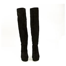 Lanvin-Lanvin Black Suede Knee Height Boots High Heels Platform Shoes size 37-Black