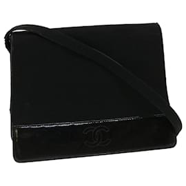 Chanel-CHANEL Shoulder Bag Enamel Cotton Black CC Auth bs3704-Black