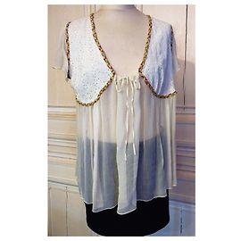 ANTIK BATIK BLUSE FOLK SEIDE VOILE SPITZE TM ODER T 44/46 Beige