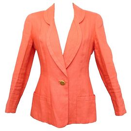 CHANEL T JACKET 38 M EN LINEN SALMON SUIT GOLD BUTTON JACKET LINEN Orange