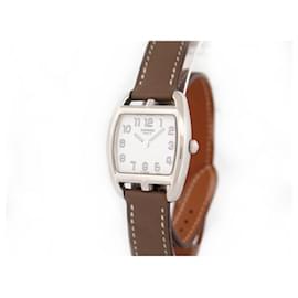 Hermès-HERMES CAPE COD TONNEAU CT WATCH1.210 STEEL LEATHER lined TOWER QUARTZ WATCH-Silvery