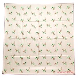 Louis Vuitton-LOUIS VUITTON SQUARE SCARF 90 SILK FLOWERY PATTERN SCARF-Cream