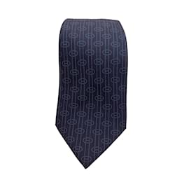 Hermès-Gravata Hermès de seda azul marinho com monograma-Azul,Azul marinho