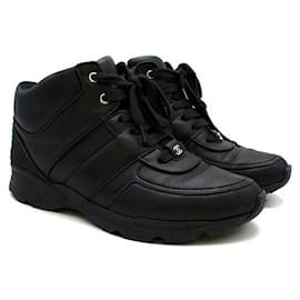 Chanel-black leather mid-top trainers-Black