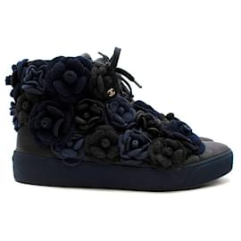 Chanel-Black & blue Camellia embroidered high top trainers-Blue