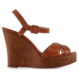 Christian Louboutin-Christian Louboutin Tan Leather And Wood Platform Wedge Sandals-Brown,Beige