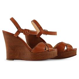 Christian Louboutin-Christian Louboutin Tan Leather And Wood Platform Wedge Sandals-Brown,Beige