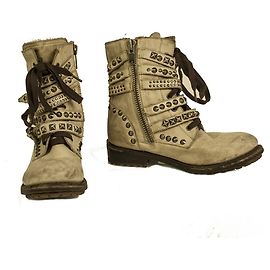 Ash Beige Leather Studded Straps Low Heel Zipper Ankle Boot Booties Shoes 40 Beige