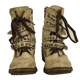 Ash-Ash Beige Leather Studed Straps Low Heel Zipper Ankle Boot Booties Schuhe 40-Beige