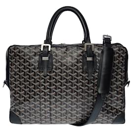 Goyard-Elegant Goyard Ambassade shoulder strap briefcase in black coated monogram Goyard canvas and black leather-Black