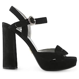 Prada-Prada Black Suede Block Heel Ankle Strap Sandals-Black
