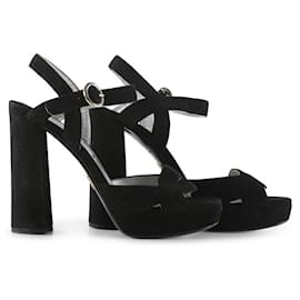 Prada-Prada Black Suede Block Heel Ankle Strap Sandals-Black