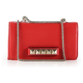 Valentino Garavani Valentino Red Leather Rockstud Va Va Voom Clutch Bag With Chain Red