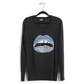 Pull Markus Lupfer en laine mérinos grise avec lèvres à sequins bleu/noir/blanc Gris