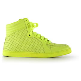 Gucci-Gucci Neon Yellow Perforated Leather Lace Up High Top Sneakers-Yellow