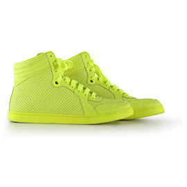 Gucci-Gucci Neon Yellow Perforated Leather Lace Up High Top Sneakers-Yellow