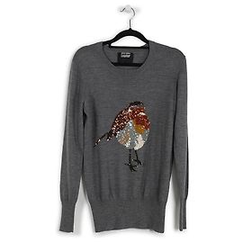 Pull Markus Lupfer en laine mérinos grise avec oiseau à sequins multicolores Gris