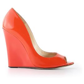 Jimmy Choo Coral Patent Leather Peep Toe Wedge Pumps Orange Coral