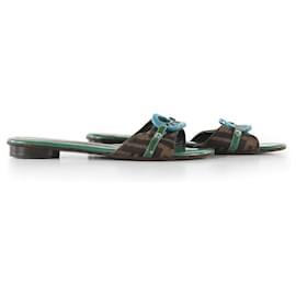 Fendi-Fendi Brown & Green Zucca Canvas & Patent Leather Flat Slides-Multiple colors
