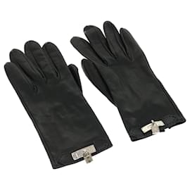 Hermès-HERMES Kelly Charm Gloves Leather 7 Black Auth 35557-Black