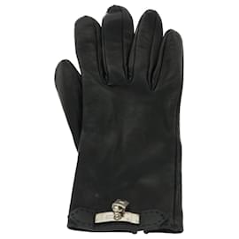 Hermès-HERMES Kelly Charm Gloves Leather 7 Black Auth 35557-Black