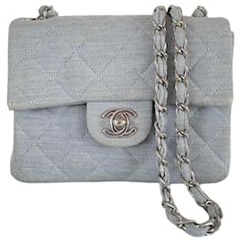 Chanel-Chanel square mini blue cotton jersey silver hardware crossbody timeless single flap-Blue,Light blue