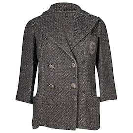 Chanel-Giacca blazer in tweed con logo Chanel in cotone grigio-Grigio