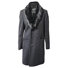Hugo Boss-Boss Double- Breasted Coat with Fur Collar in Black Wool-Black