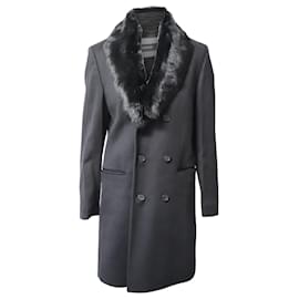 Hugo Boss-Manteau doublé Boss avec col en fourrure en laine noire-Noir