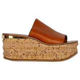 Chloé Brown Camille Leather Wedge Mules Beige