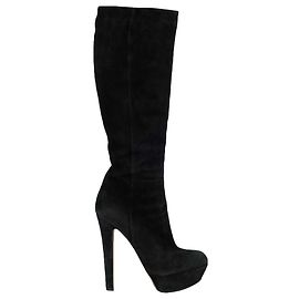 Sergio Rossi Black Suede Platform Knee High Boots Black
