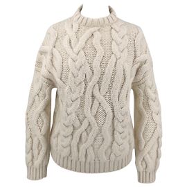 Loro Piana Pulli aus cremefarbener Kaschmirmischung in Zopfstrick Weiß Roh