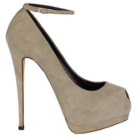 Giuseppe Zanotti-Taupe Suede Platform Pumps with Ankle Closure-Brown,Beige