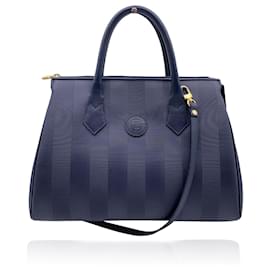 Fendi-Cartable Trapèze Vintage en Toile Bleue à Rayures Pequin avec Bandoulière-Bleu