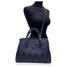 Fendi-Cartable Trapèze Vintage en Toile Bleue à Rayures Pequin avec Bandoulière-Bleu