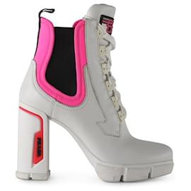 Prada-Prada Chunky White and Neon Pink Lace-up Ankle Boots-White