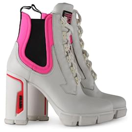 Prada-Prada Chunky White and Neon Pink Lace-up Ankle Boots-White