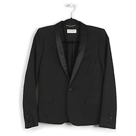 Yves Saint Laurent-Yves Saint Laurent Black Lana Wool Tuxedo Suit Blazer With Satin Lapel-Black